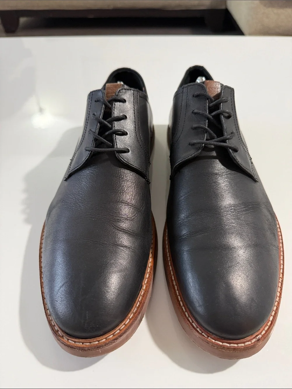 Ben Sherman Black Leather Derby Shoes with Brown Trim Sz 13
